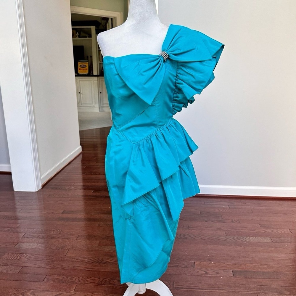 USA Vintage Y2K 2000s Climax Karen Okada One Shoulder Blue Cocktail Mini Dress - Picture 2 of 8